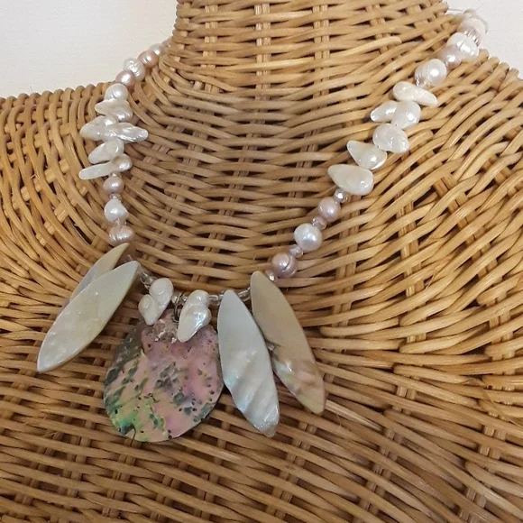 Handmade Sea Goddess statement necklace freshwater pearls, Abalone shell Artisan - Picture 5 of 10